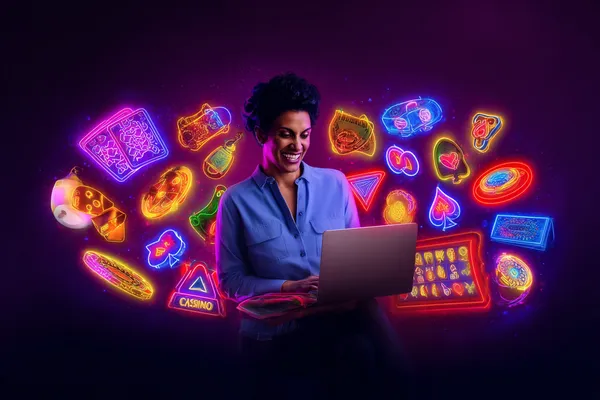 A cheerful woman in traditional clothing using her smartphone during a festive moment, showing how easily the AMJILI app fits into everyday life.